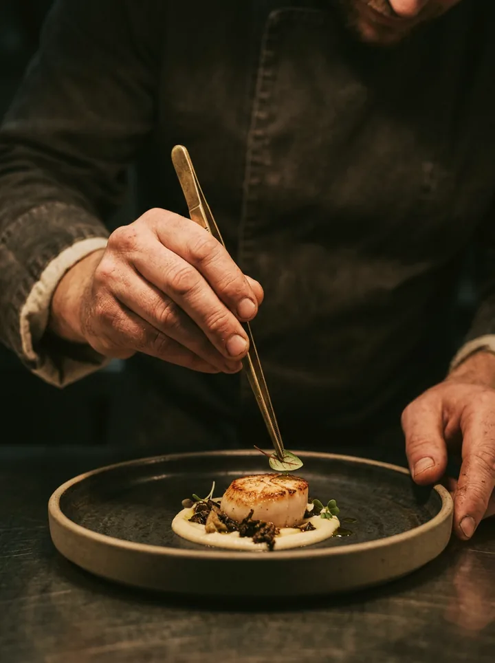 A chef’s hands placing a final garnish with tweezers.
